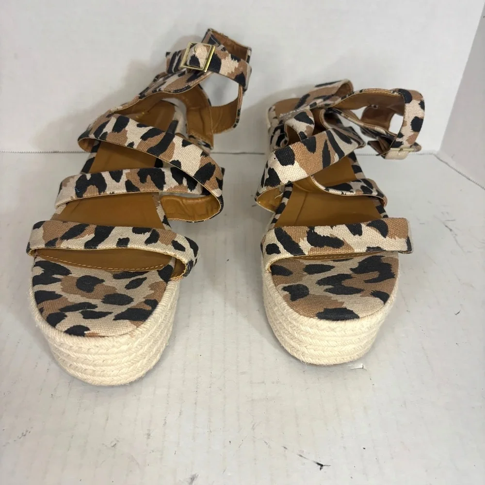 Womens Qupid Leopard Animal Print Brown Black Platform‎ Sandals Size 8